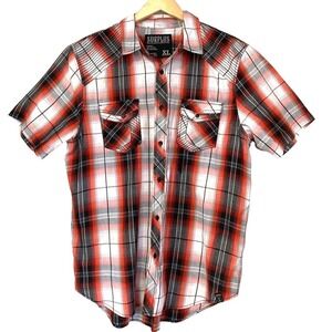 Surplus Mens XL Orange‎ Black Plaid Short Sleeve Western  Shirt